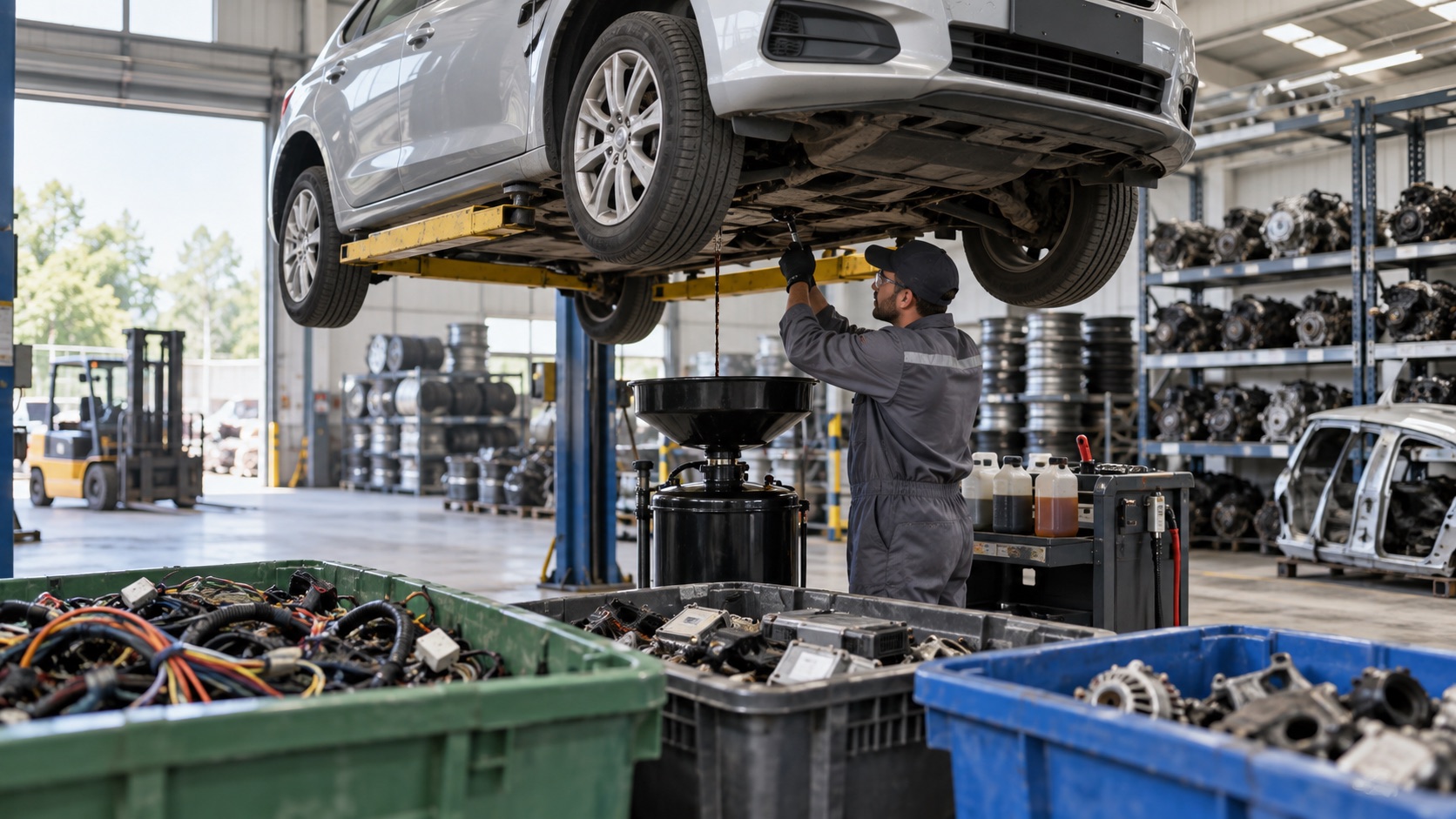 A technician safely draining fluids from a retired vehicle at an automotive recycling facility