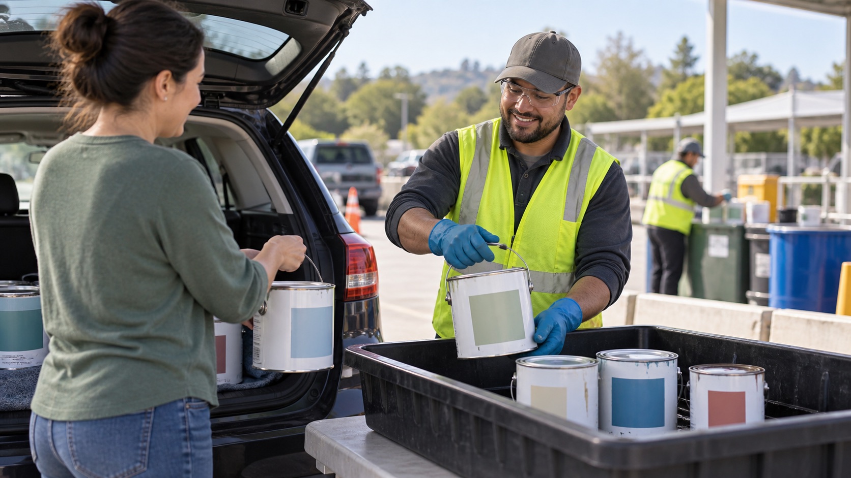 A community collection worker receiving leftover household paint at a drop-off site