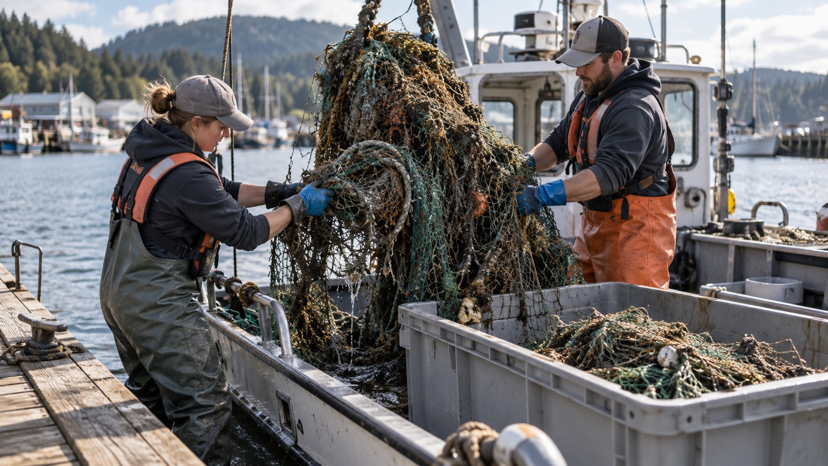 A marine cleanup crew lifting abandoned fishing nets and rope from a harbor
