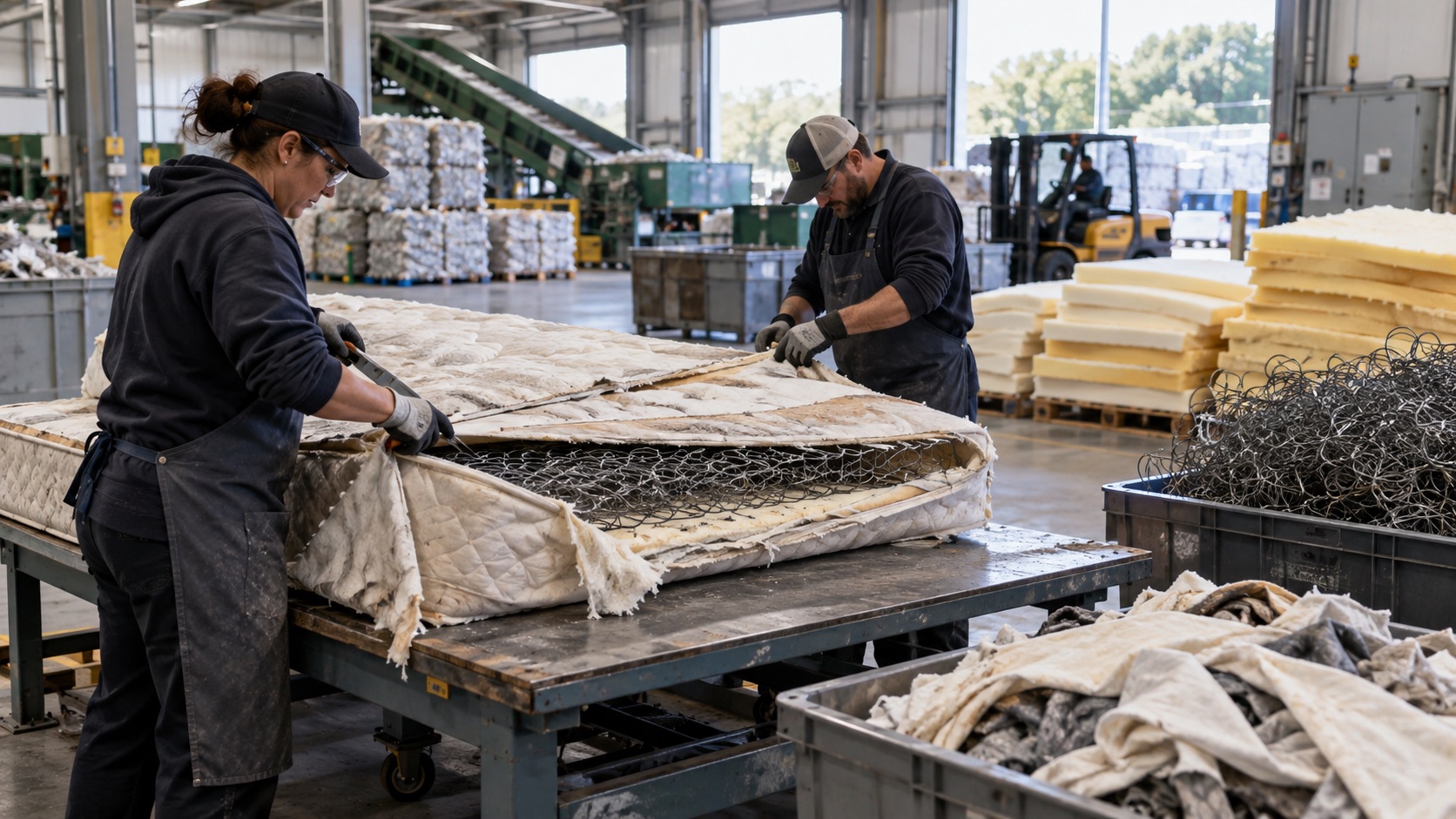 Workers separating foam, fabric, and metal from a used mattress at a recycling facility