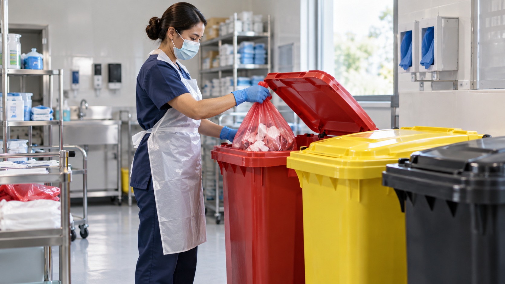 A healthcare facilities worker safely sorting sealed medical waste into secure containers