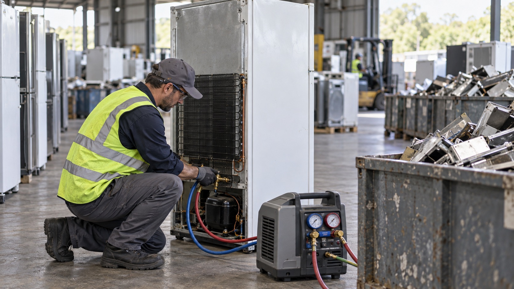 A technician recovering refrigerant from an old refrigerator at an appliance recycling facility