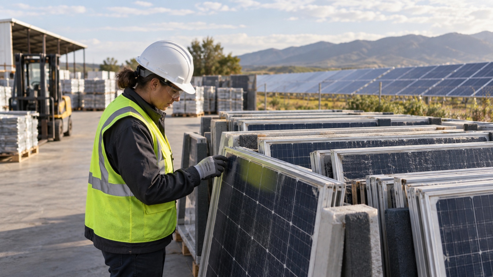 A materials recovery worker inspecting retired solar panels arranged on protective racks