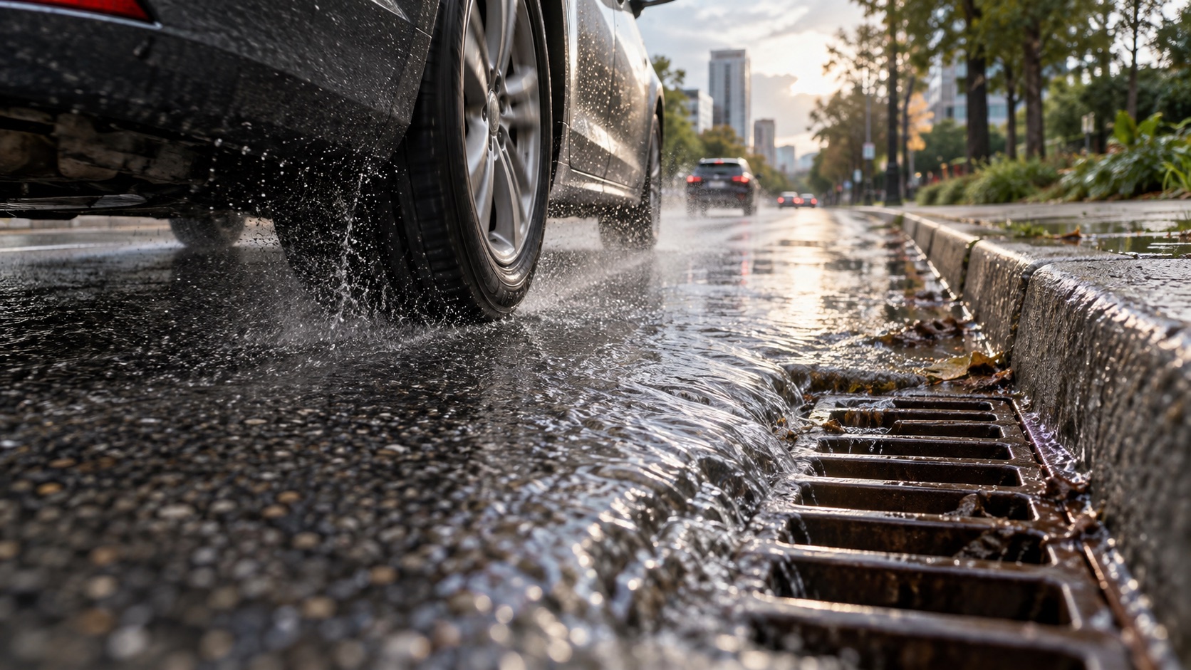 A vehicle tire moving across a wet road as stormwater flows toward a curb drain