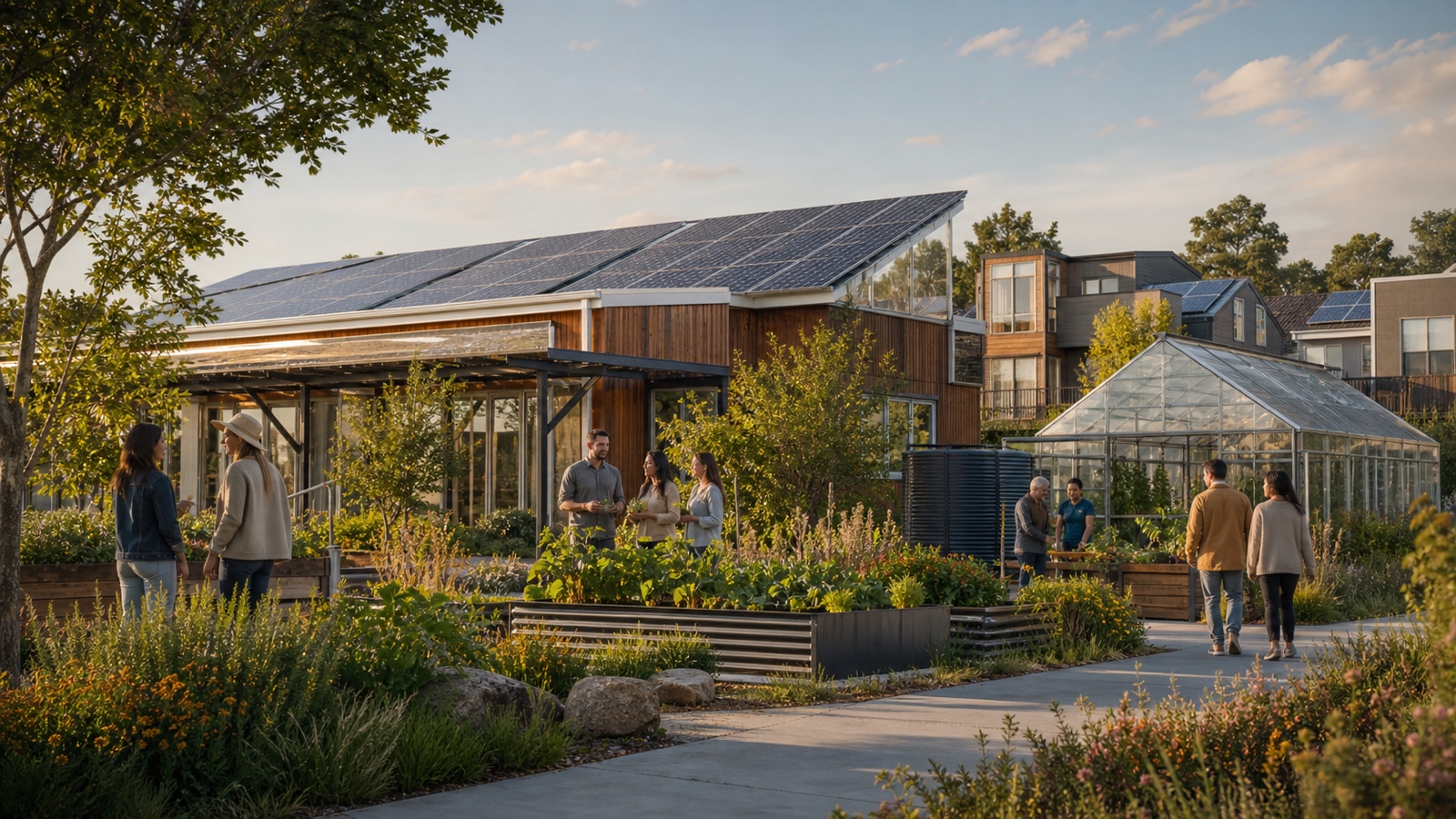 A community sustainability hub with solar panels, gardens, a greenhouse, and residents collaborating