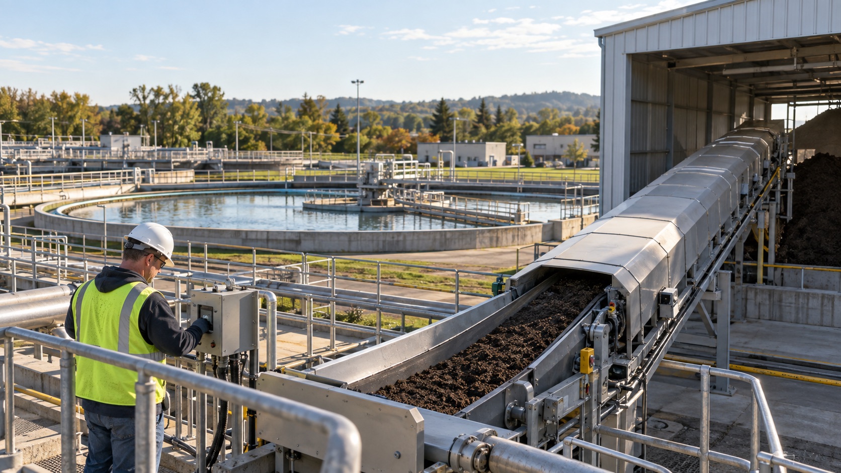 A wastewater treatment operator monitoring biosolids moving along a covered conveyor