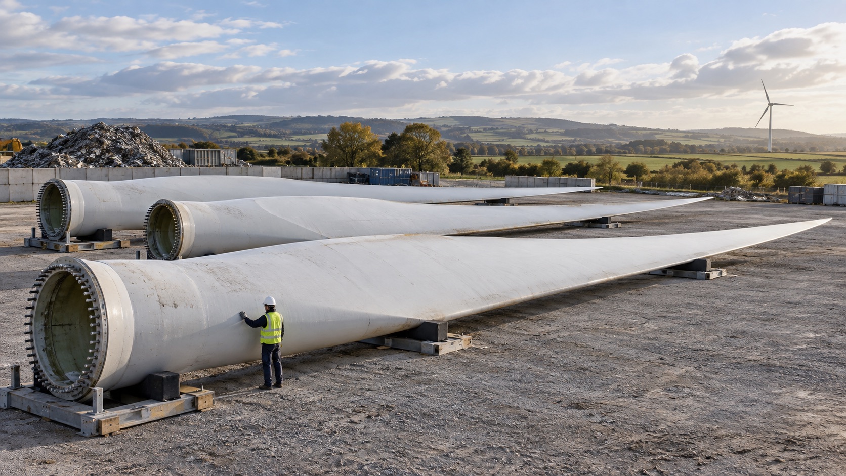 Retired wind turbine blades resting on supports in a materials recovery yard
